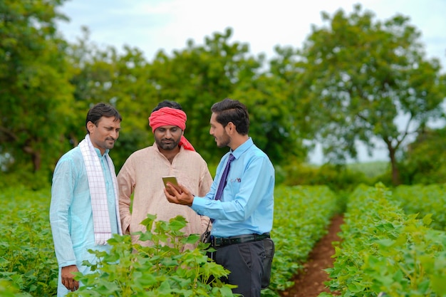 Giovane agronomo o banchiere indiano che mostra alcune informazioni all'agricoltore in smartphone nel campo agricolo.