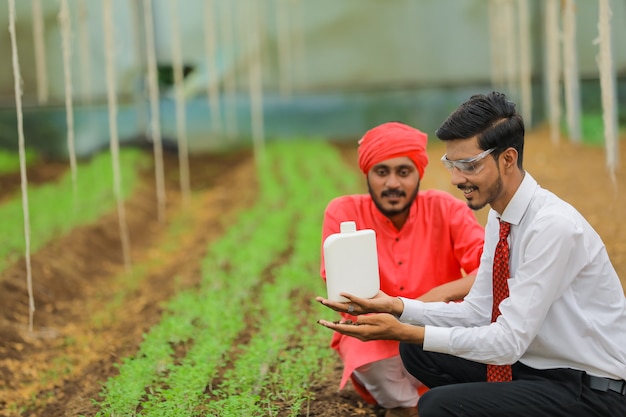 Young indian agronomist and farmer showing bottle at greenhouse