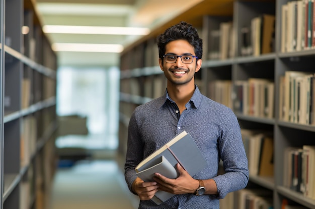 大学図書館の本を持った若いインド人またはアラブ人の大学生