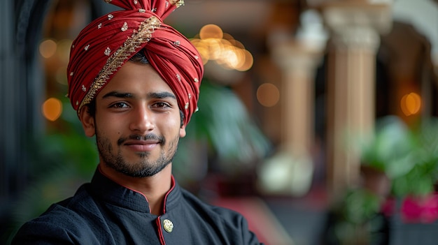 A young Indian attendant providing excellent service in a luxurious hotel lobby