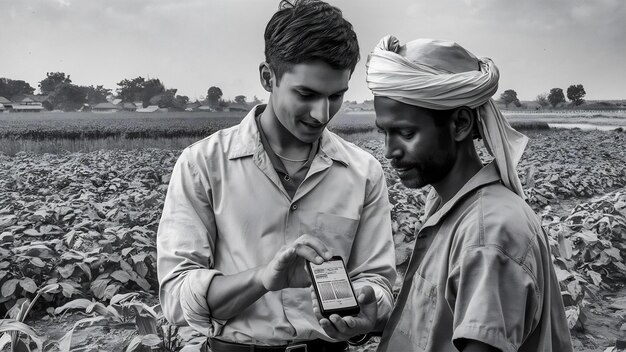 Photo young indian banker or agronomist showing some detail to farmer in smartphone