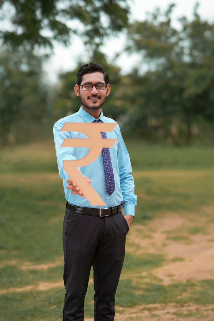 फोटो young indian banker or financier holding rupees symbol in hand