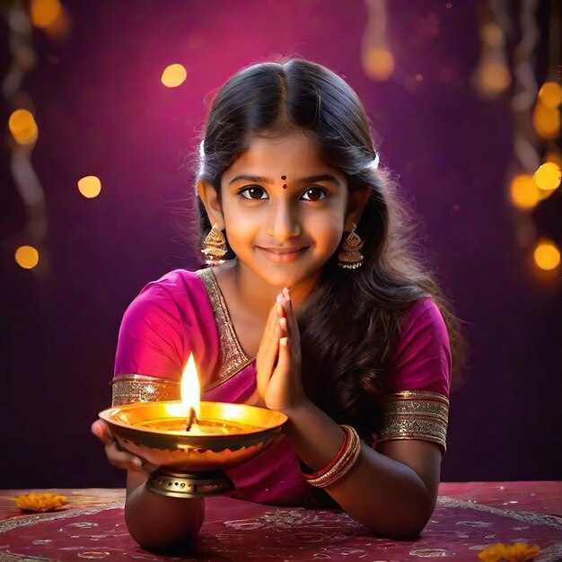 Молодая красивая индийская девушка с масляной лампой Дивали, созданной искусственным интеллектом