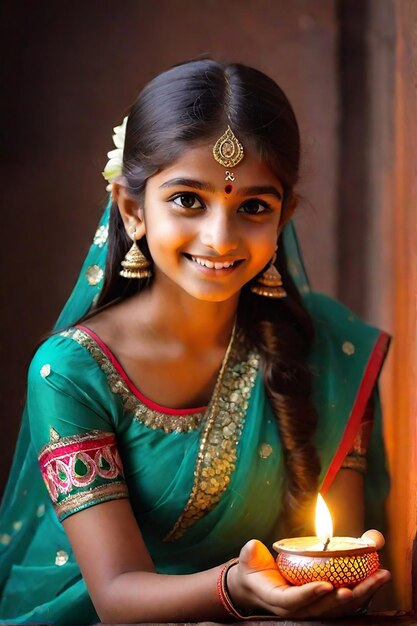 Молодая красивая индийская девушка с масляной лампой Дивали, созданной искусственным интеллектом