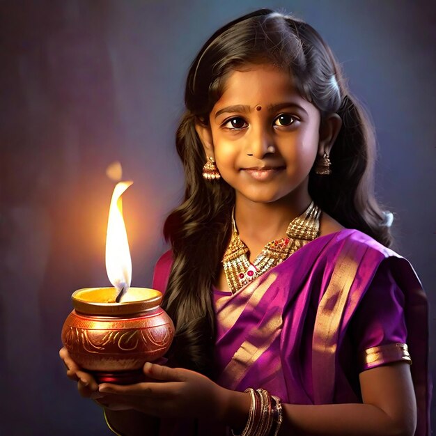 Young Indian beautiful girl holding Diwali oil lamp generated by AI