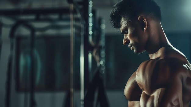 Photo young indian bodybuilder man at gym blur background