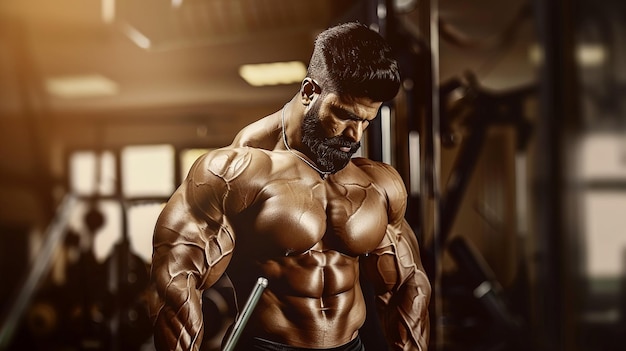 Photo young indian bodybuilder man at gym blur background