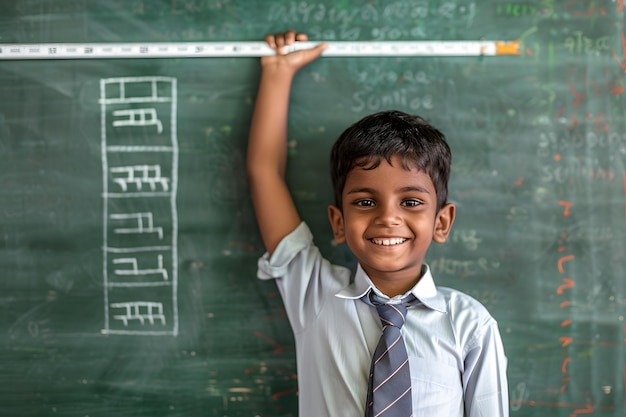 Photo young indian boy in school uniform standing in front of blackboard