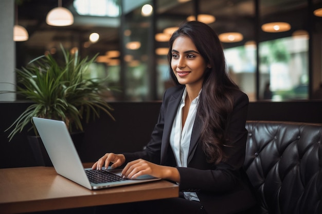 Молодая индийская деловая женщина или корпоративный сотрудник, используя ноутбук