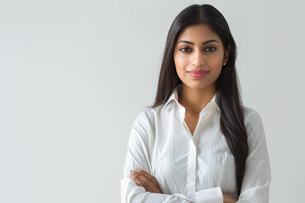 Young Indian businesswoman standing on white background