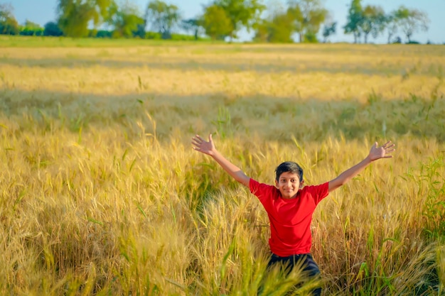 Giovane bambino indiano che gioca al campo di frumento, india rurale
