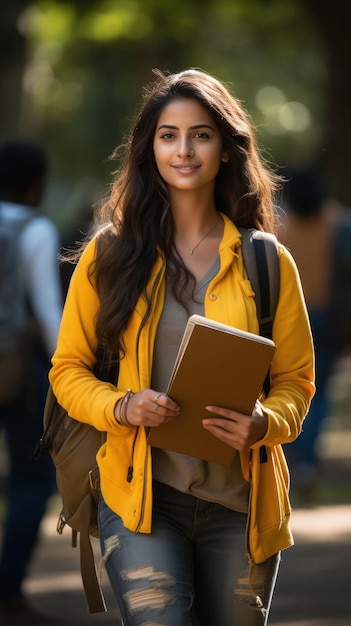 Photo young indian college girl holding backpack and books and giving happy expression