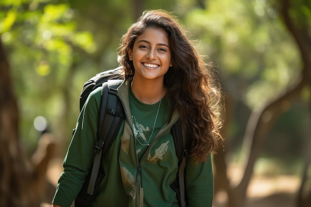 Photo young indian college girl holding backpack and books and giving happy expression