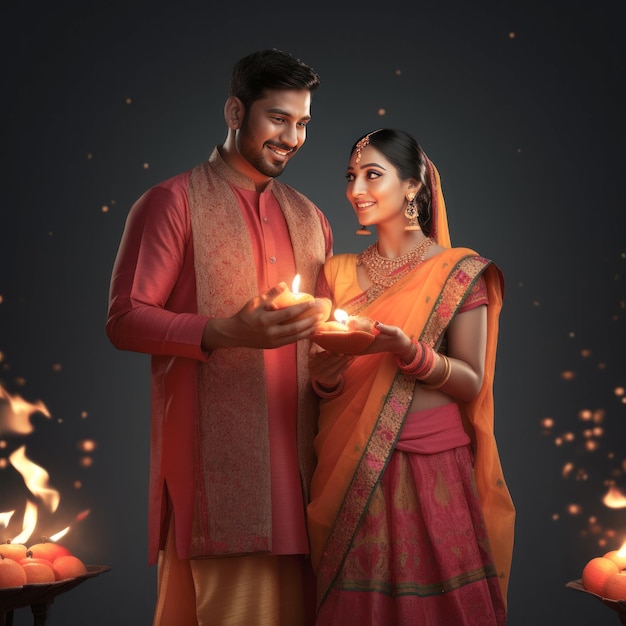 Young indian couple celebrating diwali festival at home