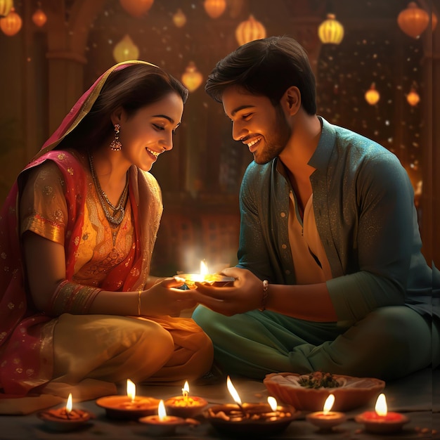 Young indian couple celebrating diwali festival at home