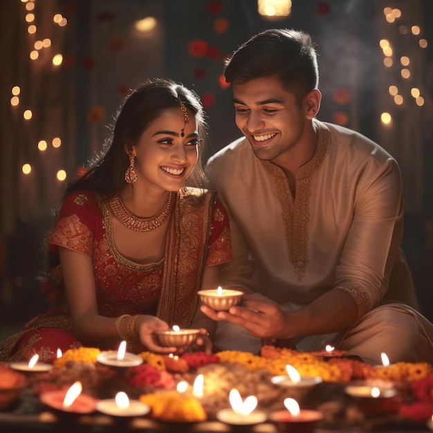 Young indian couple celebrating diwali festival together at home