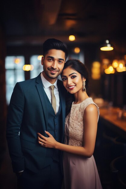 Young indian couple standing together at restaurant