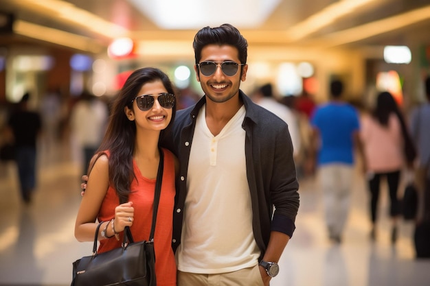 Young indian couple walking together at shopping mall