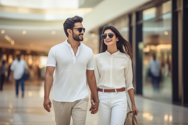 Young indian couple walking together at shopping mall