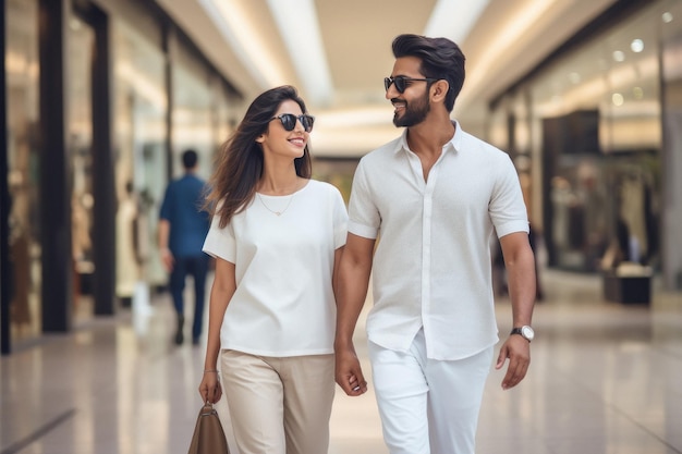 Young indian couple walking together at shopping mall