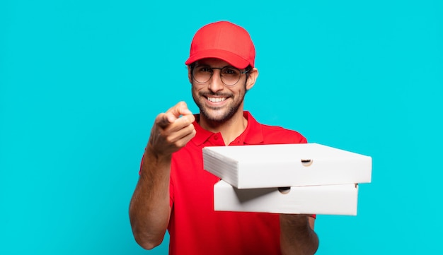 Young indian deliver man pointing or showing