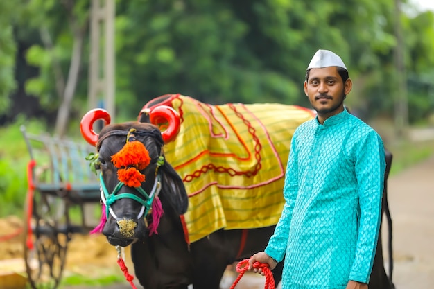 Young indian farmer celebrating pola festival