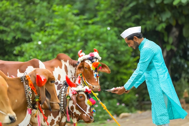 ポーラフェスティバルを祝う若いインドの農民