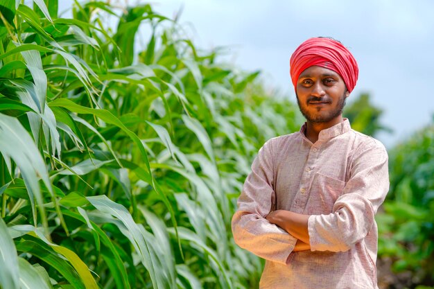 Young indian farmer at corn field.