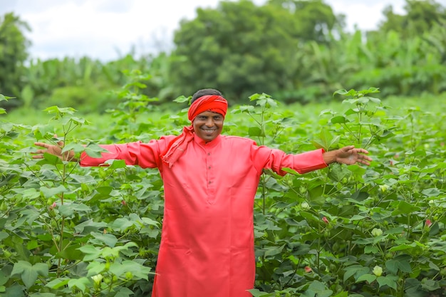 Young Indian farmer at cotton field