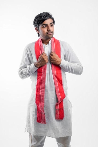 Young indian farmer giving expression on white background