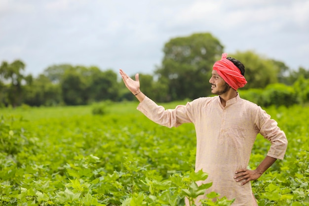 Young indian farmer standing at agriculture field.