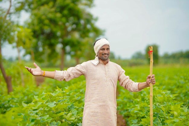 Giovane agricoltore indiano che sta nel campo di agricoltura del cotone.