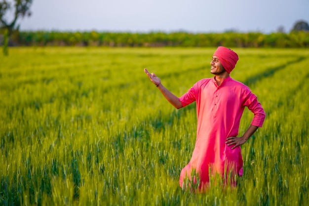 Young indian farmer standing at green wheat field