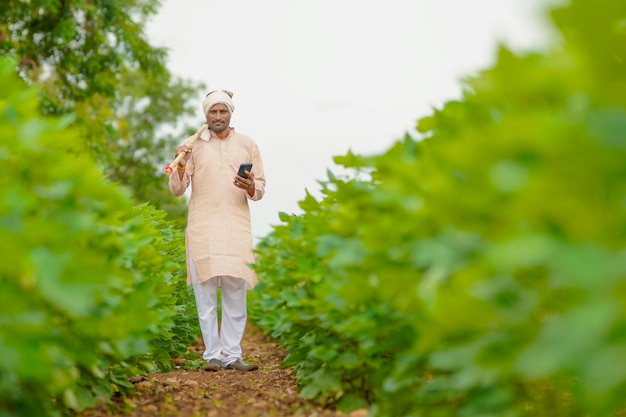 Giovane agricoltore indiano che utilizza smartphone al campo agricolo.