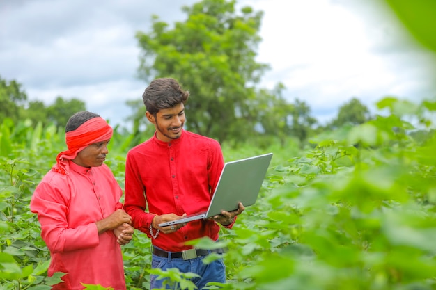 Young Indian farmer with agronomist at Cotton field