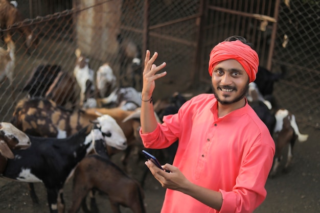 Young indian farmer with smartphone at goat dairy farm