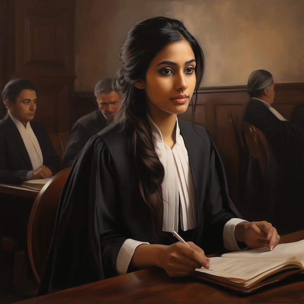 young indian girl as a lawyer in court room