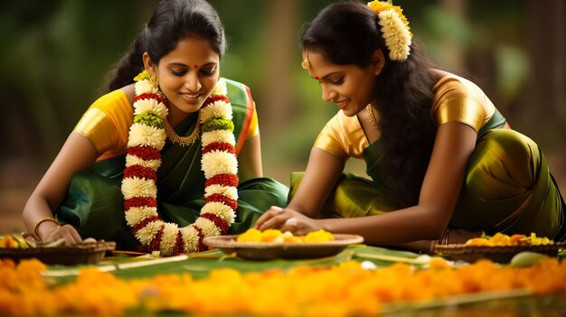 Photo young indian girl child female wearing traditional dress putting flower bed decoration floral pattern on onam vishu celebration kerala india indian festival