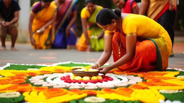 Young indian girl child female wearing traditional dress putting flower bed decoration floral pattern on onam vishu celebration kerala india indian festival