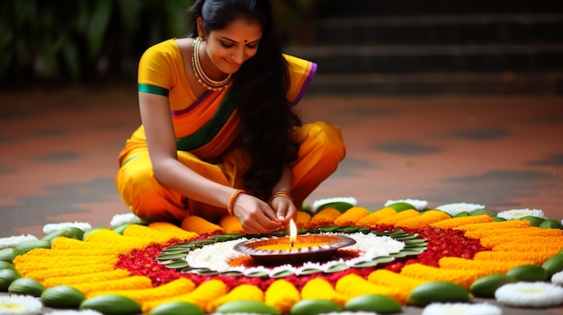 Young indian girl child female wearing traditional dress putting flower bed decoration floral pattern on onam vishu celebration kerala india indian festival