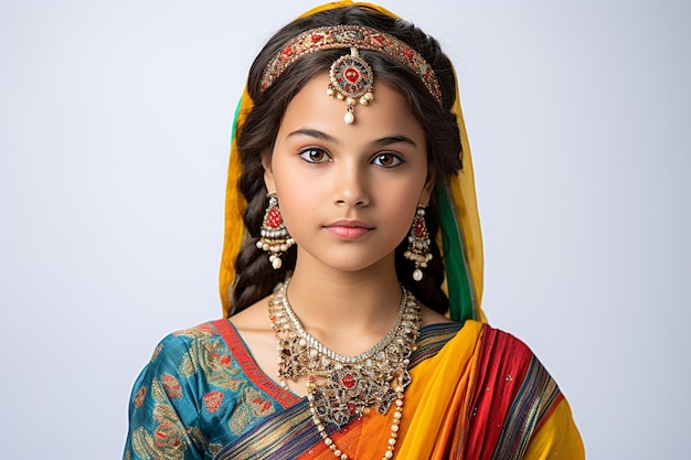 Young Indian Girl in Colorful Attire on White Background