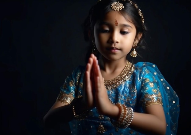 Молодая индийская девушка молится с традиционной элегантностью, созданной ИИ