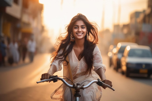 Молодая индийская девушка едет на велосипеде по городской улице