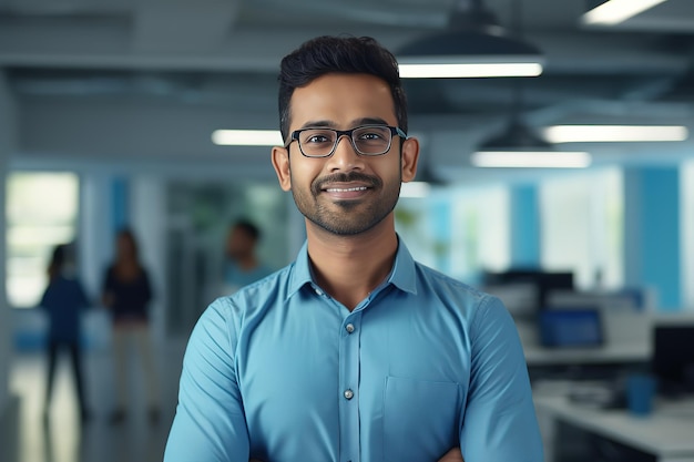 Photo a young indian male designer engineer architect who is wearing glasses and a blue shir