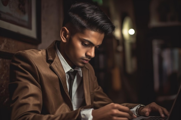 Young indian man arabian businessman guy user worker freelancer with laptop computer working in cafe