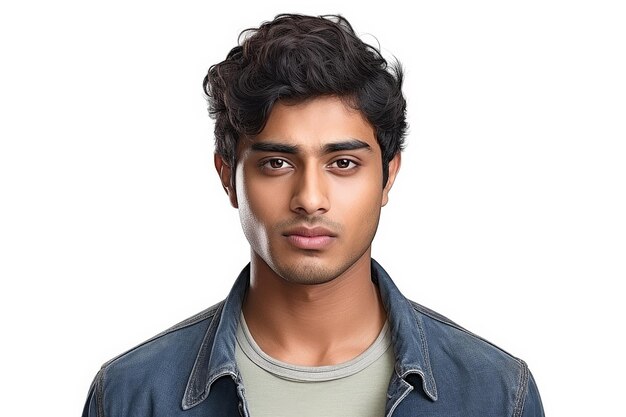 Young indian man in engaging jeans shirt on white background