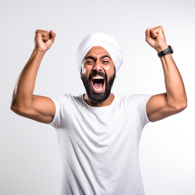 young indian man raised hand and giving winning gesture