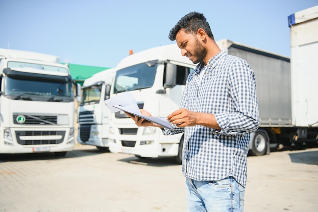 Foto giovane indiano in piedi vicino al suo camion il concetto di trasporto merci