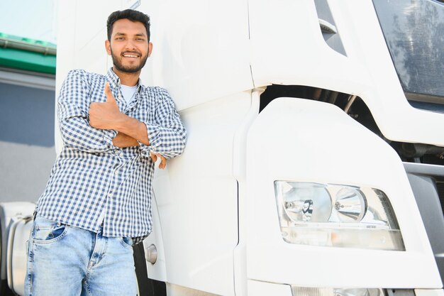 Foto un giovane indiano in piedi davanti al suo camion.