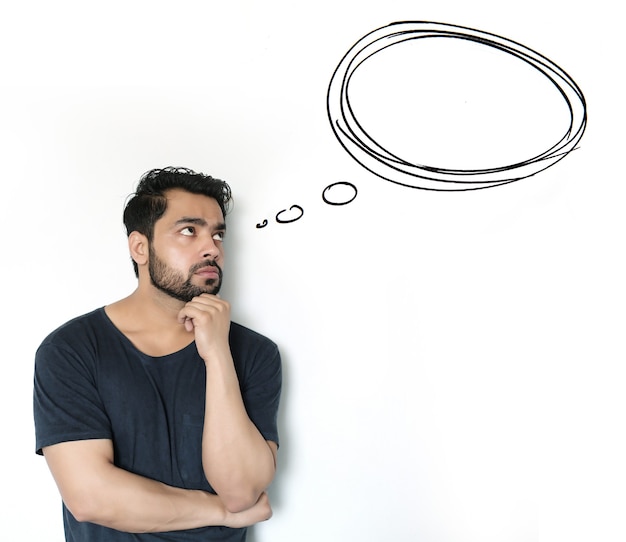 young indian man thinking of thought bubble on white background
